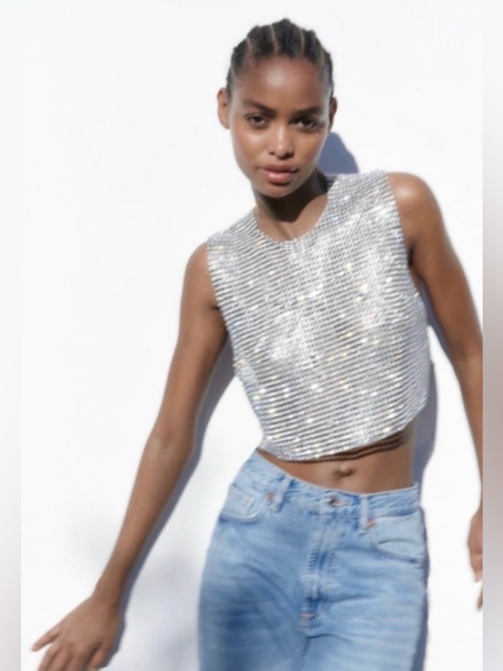 Zara Silver Rhinestone Mesh Crop Top *WORN ONCE*